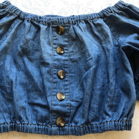 Knit Works Denim Off The Shoulder Cropped Top Girls Size S (7-8) Short Sleeves - Picture 15 of 16